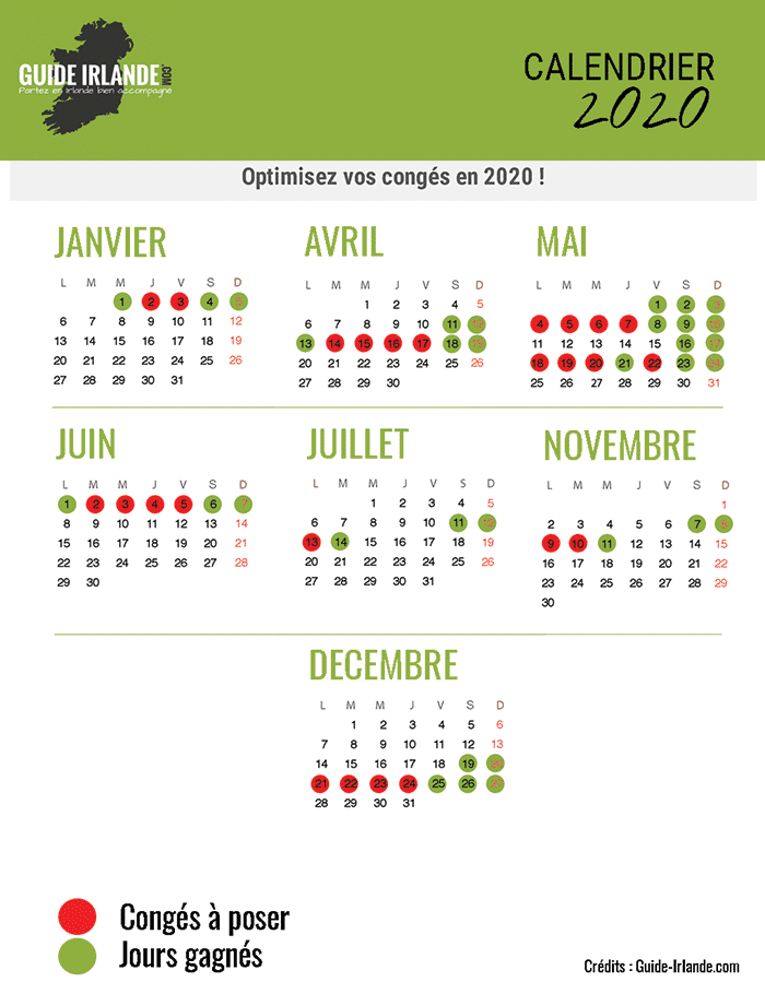 Calendrier 2020 des congés payés à poser