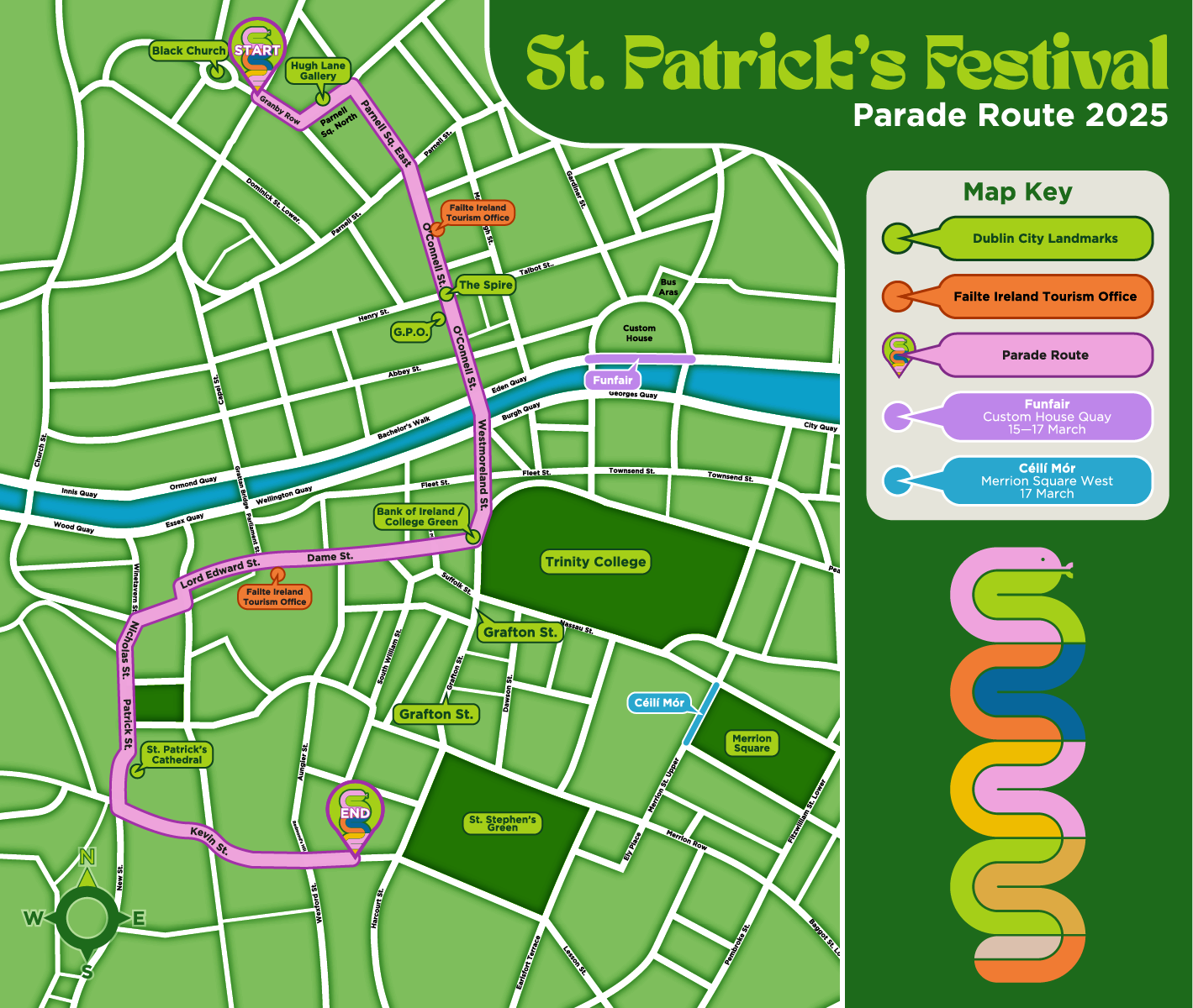 Carte du circuit de la Grande Parade 2025 de la St Patrick à Dublin - https://stpatricksfestival.ie/events/parade